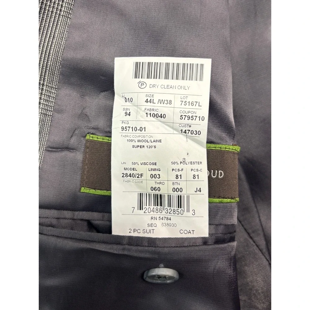 Joseph Abboud 44L 38x34 Gray Glen Plaid 2pc Pant Suit 100% Wool Flat Front USA